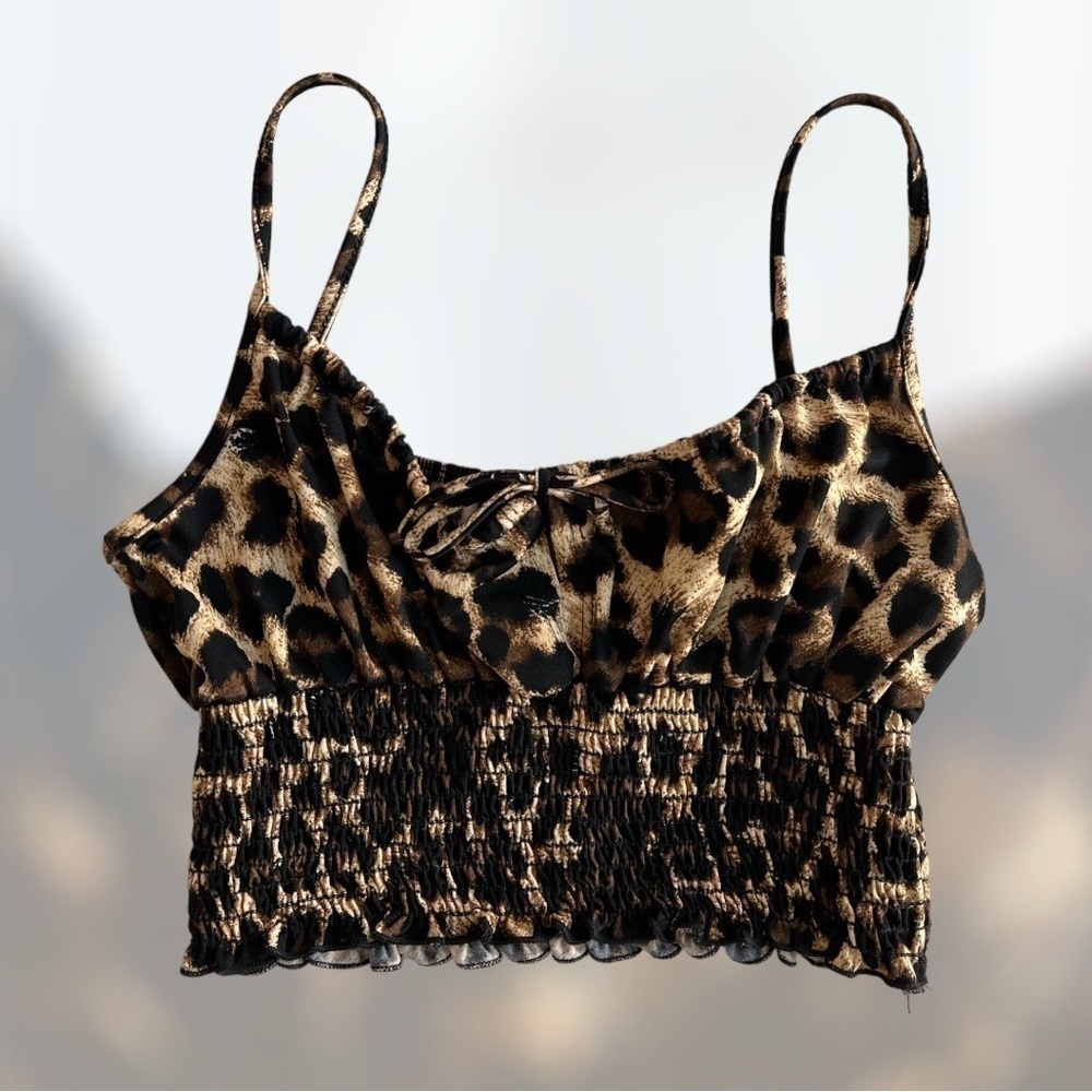 Timing leopard print tie front spaghetti strap crop top size S